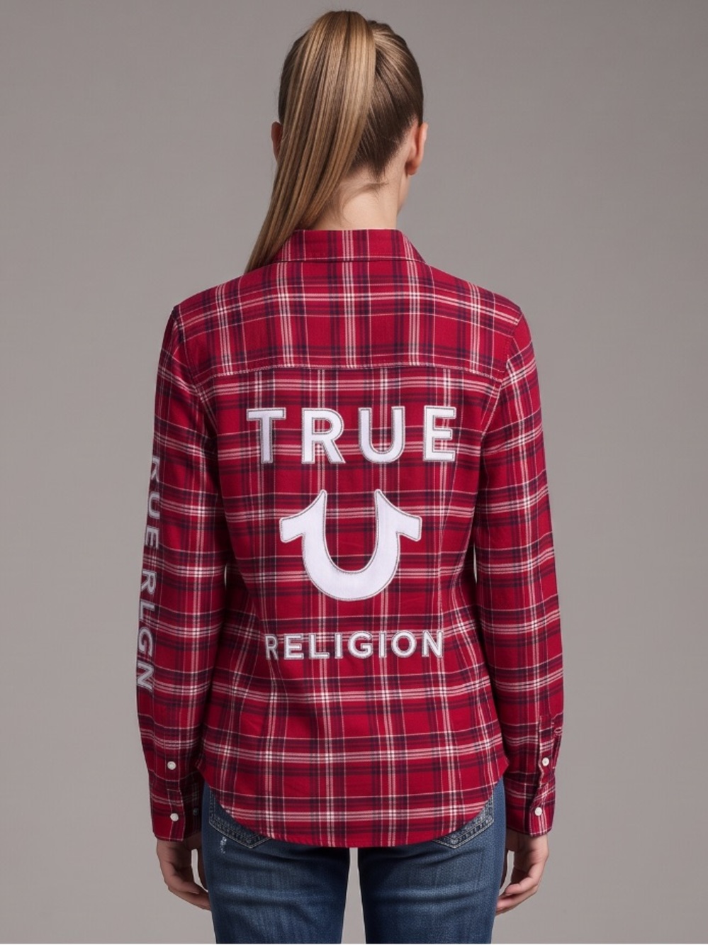 🌻NEW NWOT True Religion Plaid Shirt Fiery Red Embroidered Western Size Medium